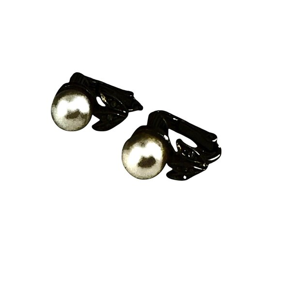 Vintage Faux Pearl Clip-On Earrings Leaf Design Art Deco Style Costume Jewelry - Picture 5 of 12